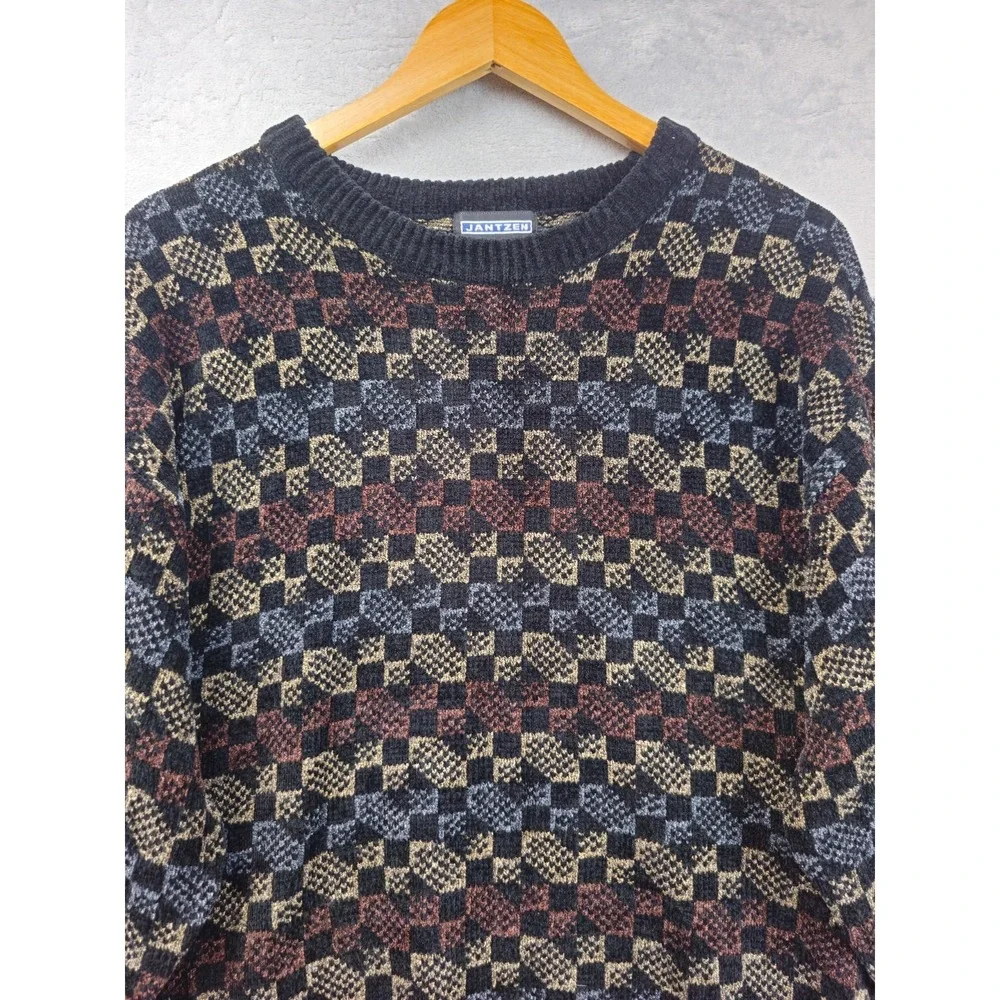 Vintage Jantzen Sweater Mens Medium Black Geometric Knit Grandpa Pullover 90s